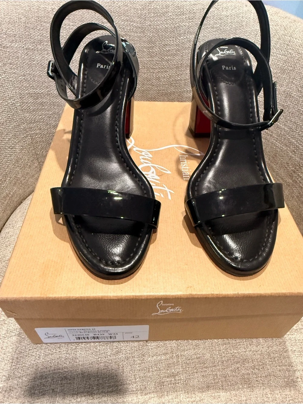 Christian Louboutin Black Patent Leather Block-Heel Sandals: Miss Sabrina 85mm